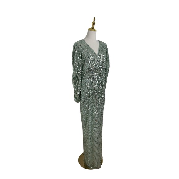 Mac Duggal 5638 Seafoam Green Sequins High Slit Bishop Sleeve Gown Size 12 $598 - Picture 2 of 6